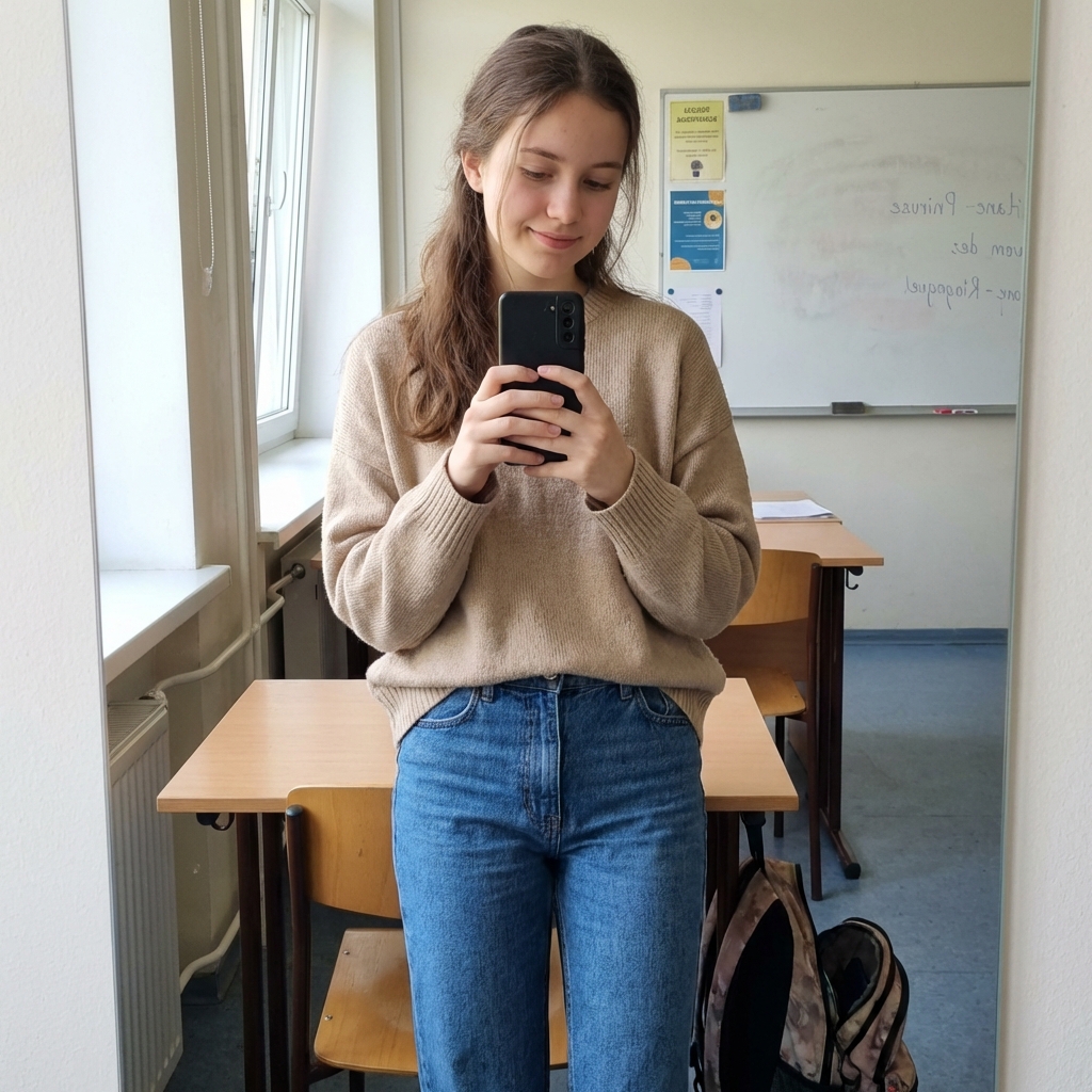 Selfie young girl in classroom
