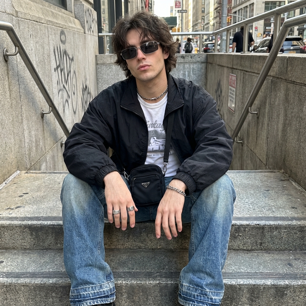 Street fashion guy sitting